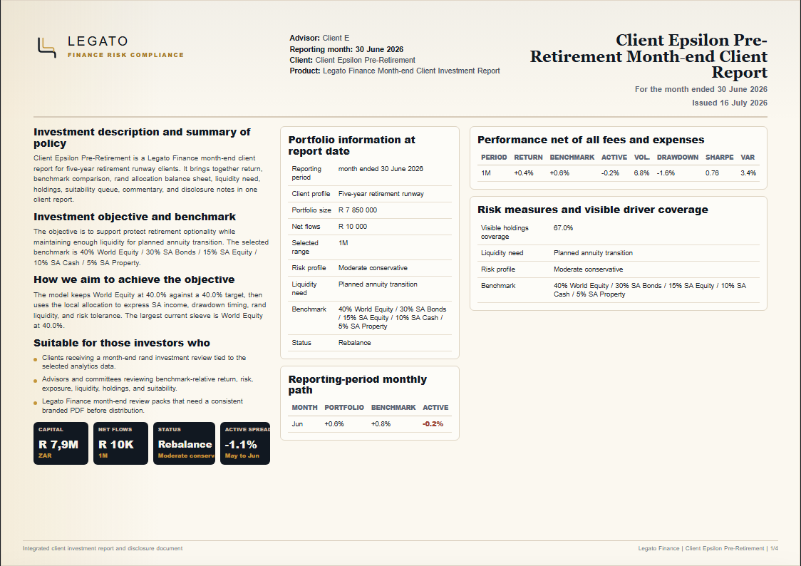 First page of the Legato Finance month-end client investment report