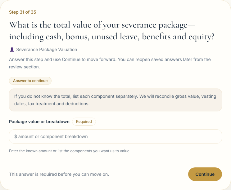 Legato severance discovery questionnaire capturing the total financial value of a severance package